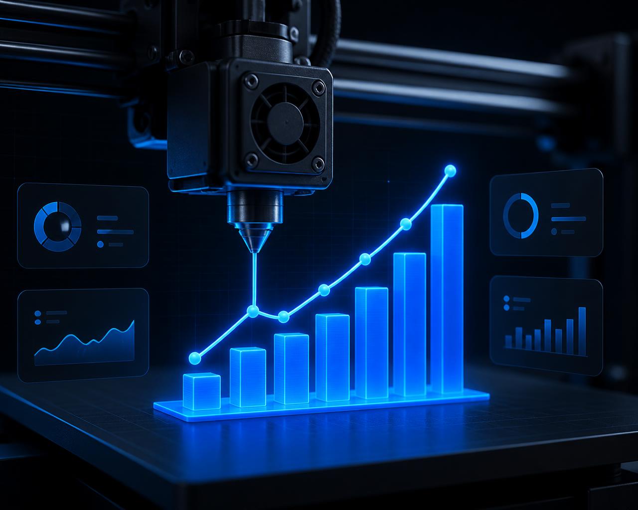 Impressora 3D produzindo um gráfico de crescimento com painéis de custos e margem